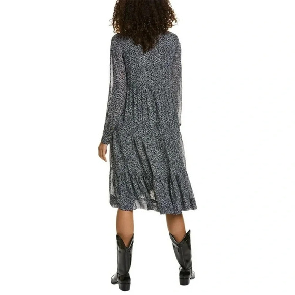 GANNI Georgette Viscose Micro Floral Print  Tiered Long Sleeve Boho Midi Dress - Picture 14 of 15